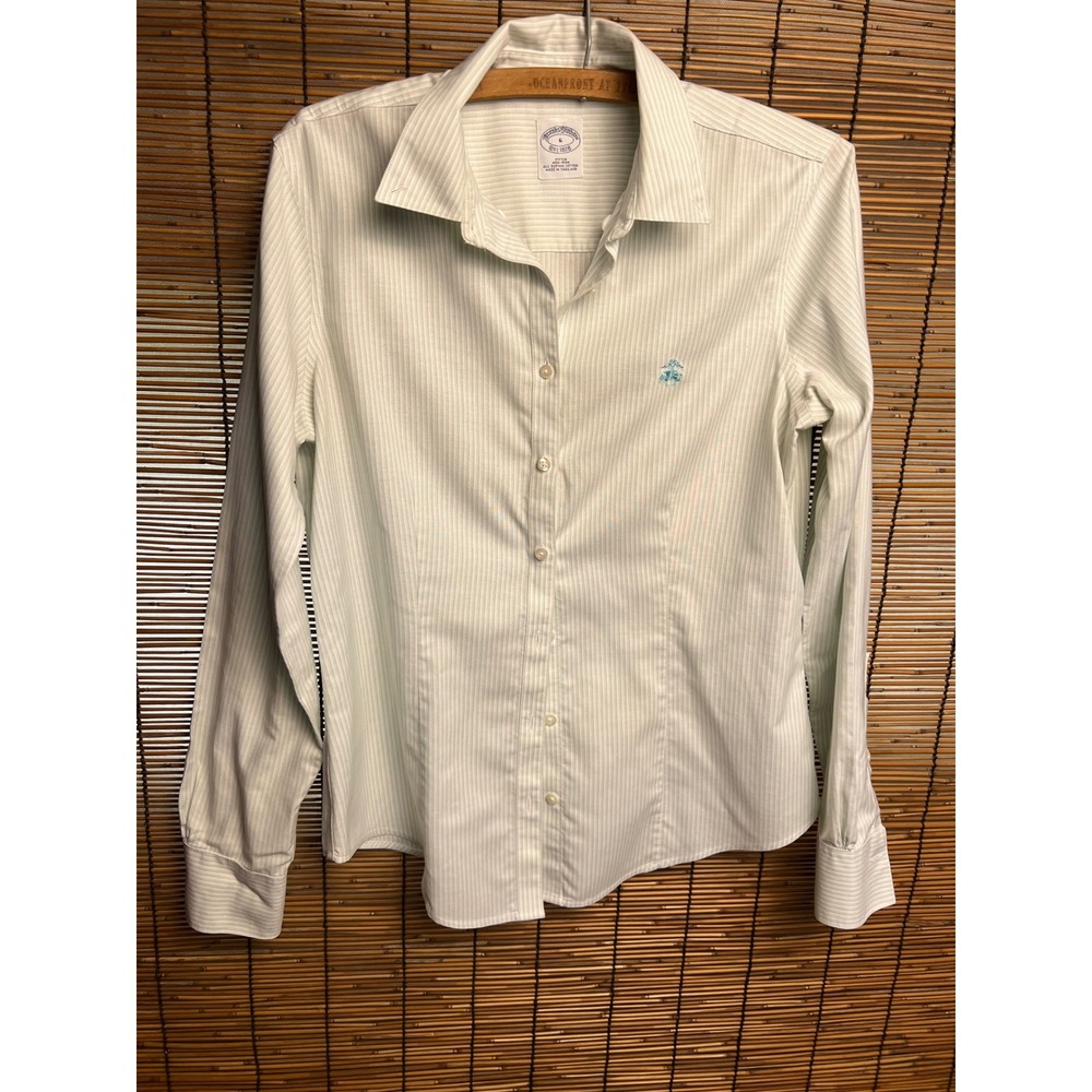 Brooks Brothers Womens 6 Green White Pinstripe Non-Iron Supima Cotton Shirt